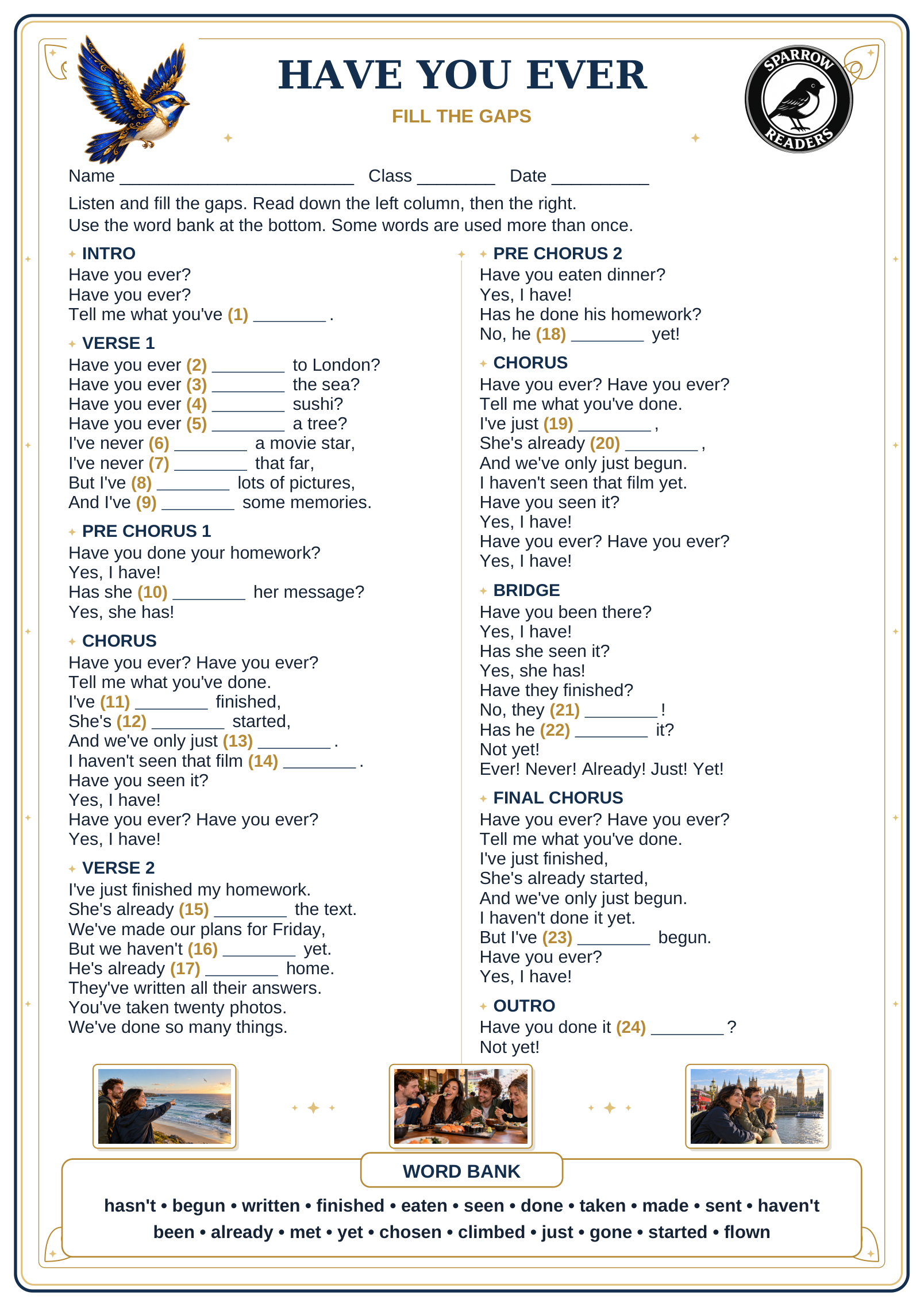 Have You Ever? fill-the-gaps worksheet, with a word bank at the bottom