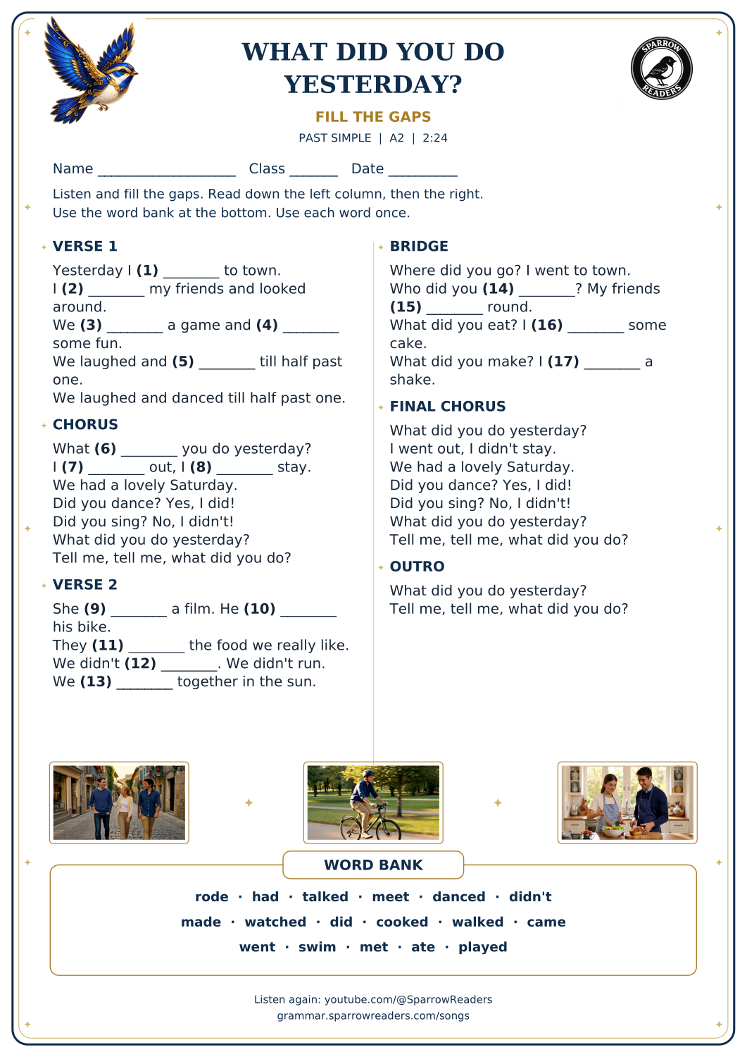 What Did You Do Yesterday? fill-the-gaps worksheet with 17 gaps and a word bank