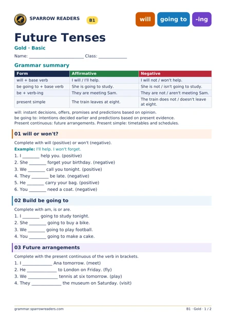 Gold Basic worksheet: grammar summary and exercises