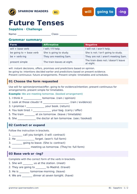 Sapphire Challenge worksheet: grammar summary and exercises