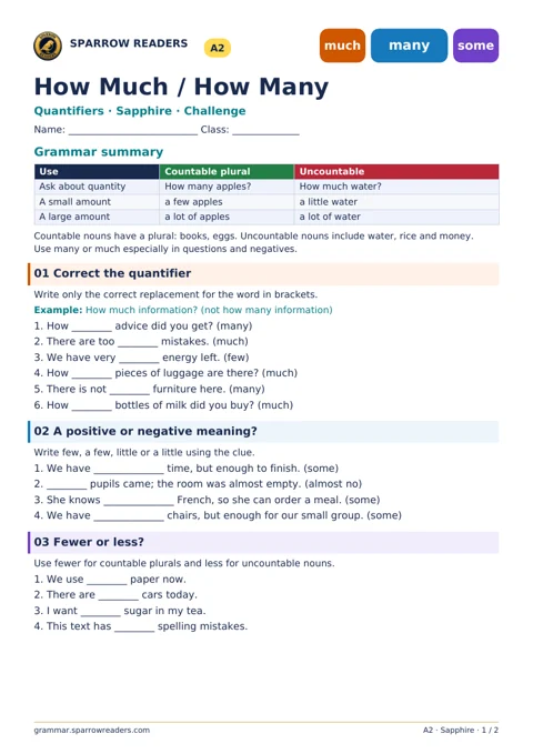 Sapphire Challenge worksheet: grammar summary and exercises