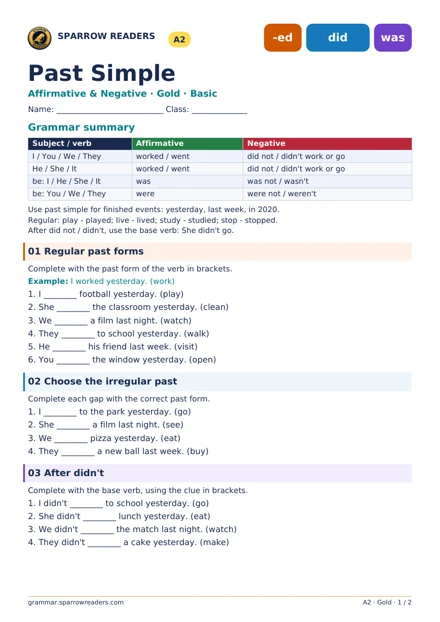 Gold Basic worksheet: grammar summary and exercises