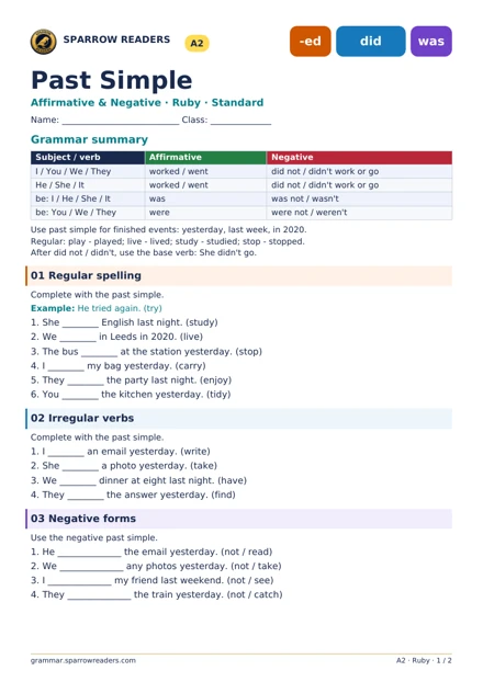 Ruby Standard worksheet: grammar summary and exercises