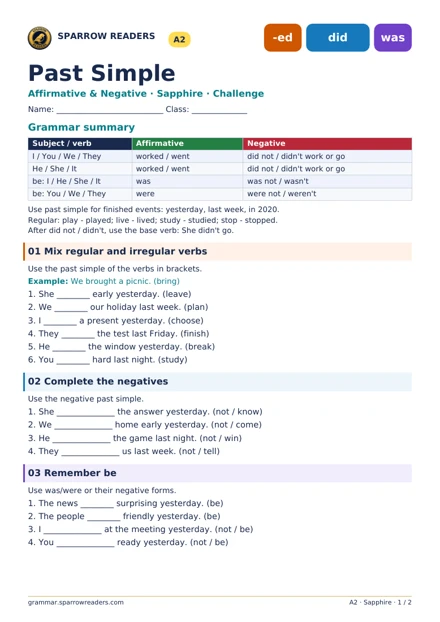Sapphire Challenge worksheet: grammar summary and exercises