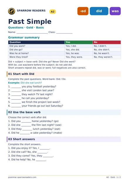 Gold Basic worksheet: grammar summary and exercises