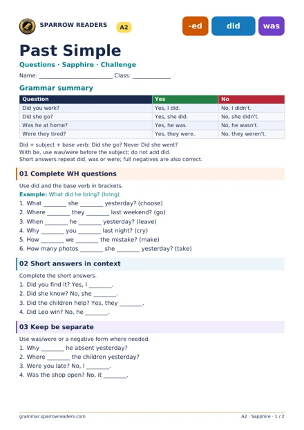 Sapphire Challenge worksheet: grammar summary and exercises