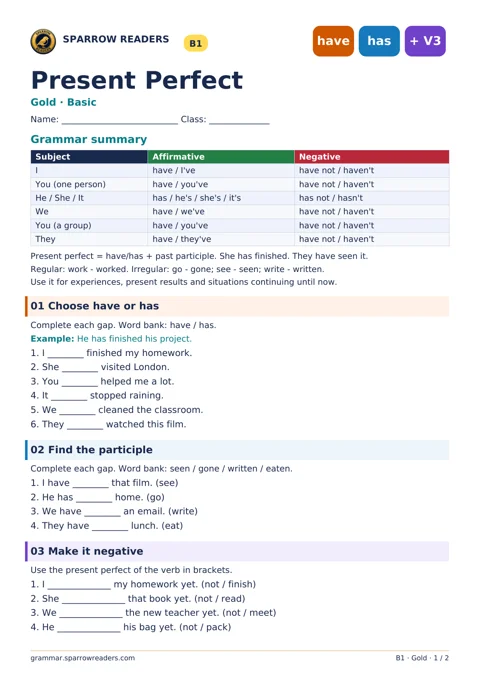 Gold Basic worksheet: grammar summary and exercises