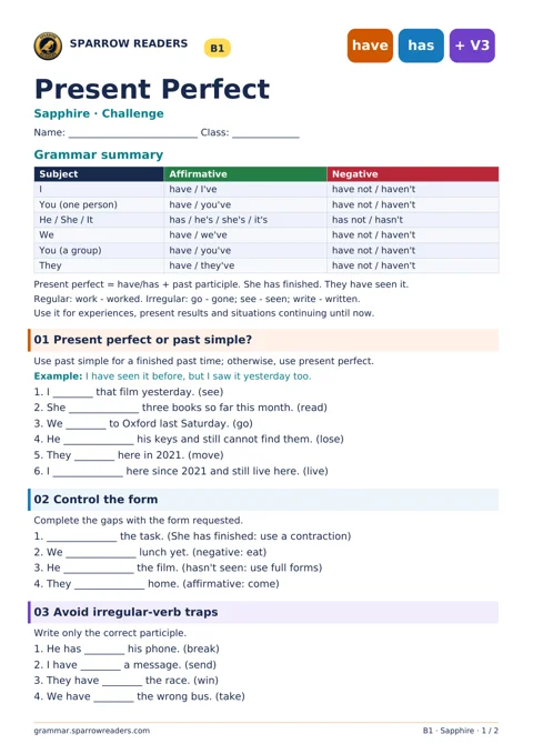 Sapphire Challenge worksheet: grammar summary and exercises