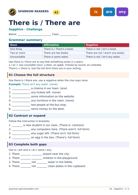 Sapphire Challenge worksheet: grammar summary and exercises