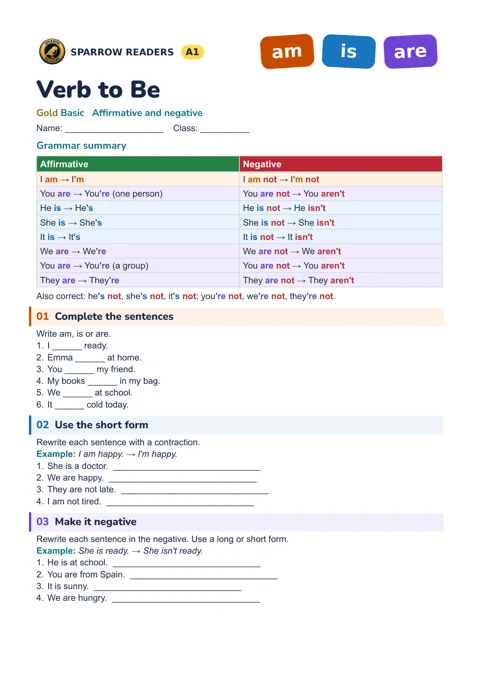 Gold Basic worksheet: grammar summary and exercises