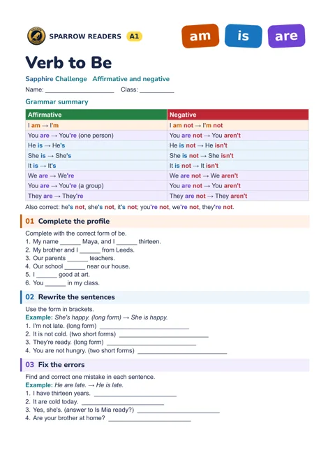 Sapphire Challenge worksheet: grammar summary and exercises